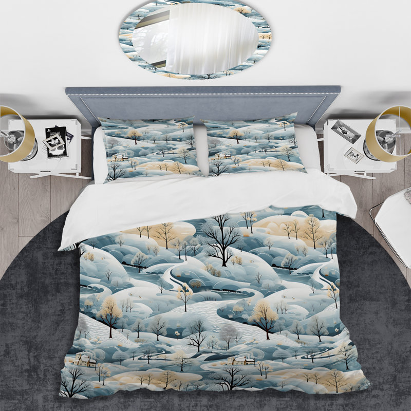 Literie scandinave Winter Landscape II, Housse de couette pour grand lit et 2 taies décor