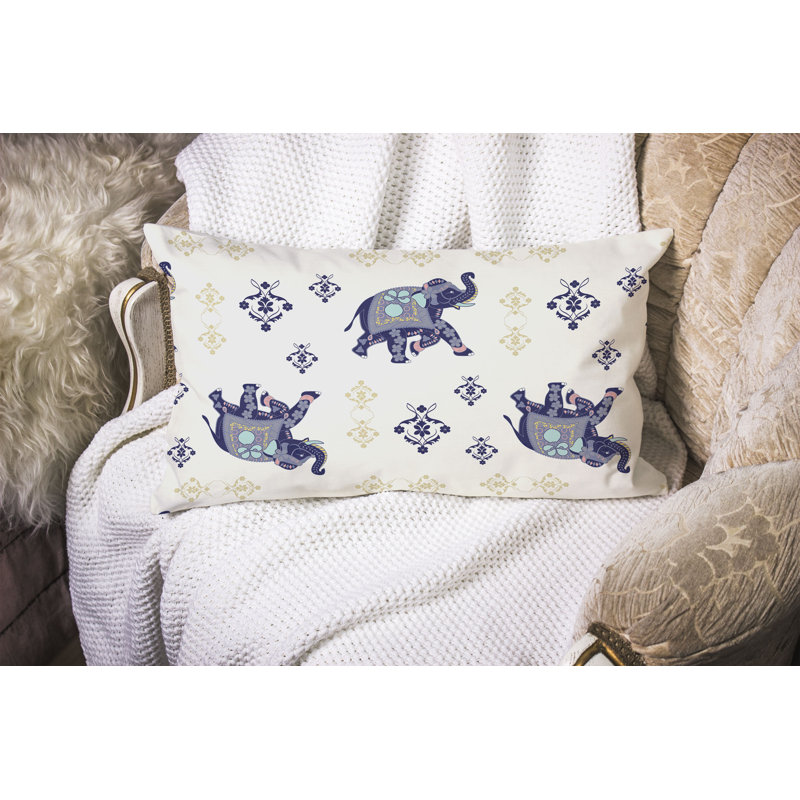 MughalElephant  Rectangular Throw Pillow, Blue/Ivory/Gray