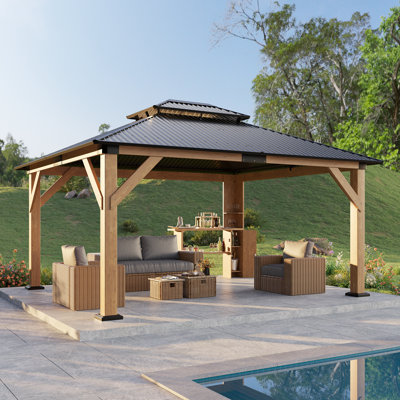 Hardtop Double Roof Solid Wood Gazebo, Dark Gray