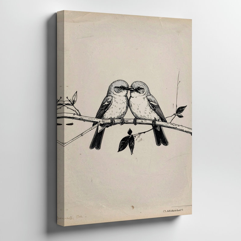 Toile, art mural Une esquisse en noir et blanc de deux oiseaux perchés sur une branche, H 40 po x l 30 po