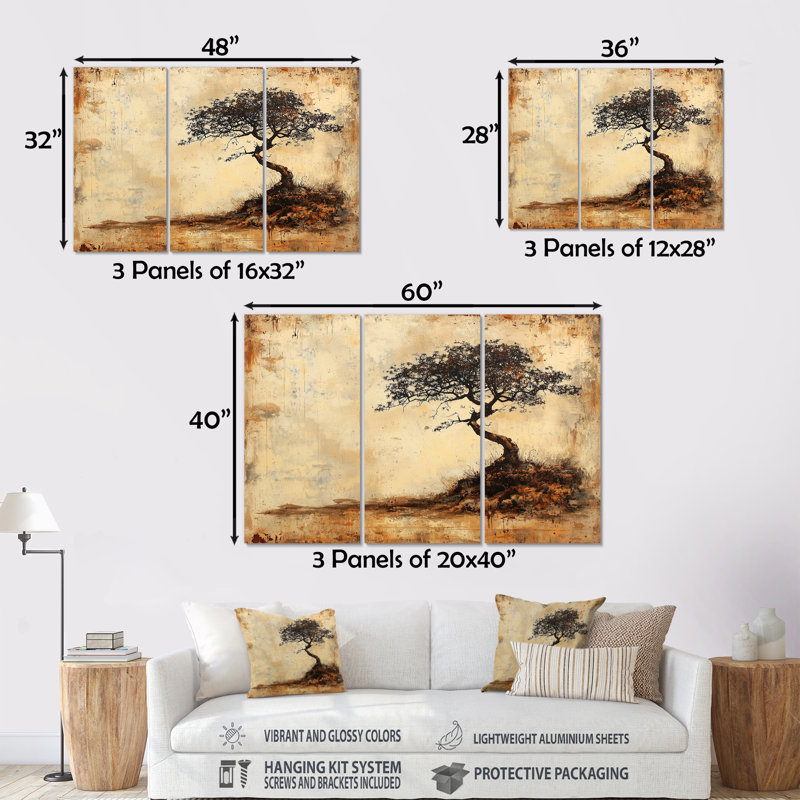 «Yellow Vintage Savannah African Tree II» - ensemble d'art mural arbre africain, Métal métal, H 28 po x l 36 po x P 1 po