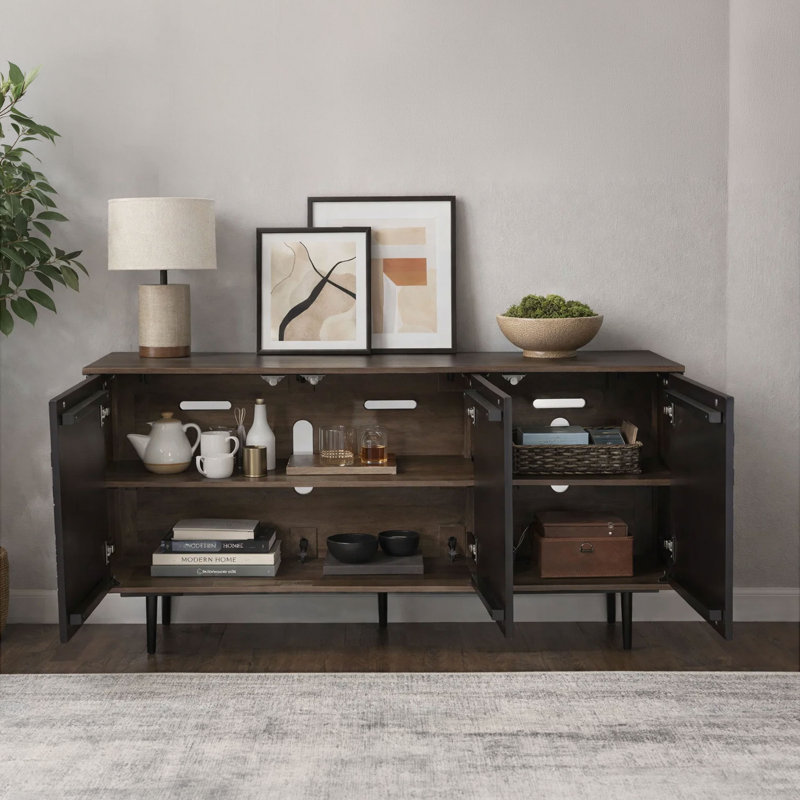64 Inch Cosmo Tv Stand Console, 3-door Cabinet, Dark Walnut Brown & Black Mango Wood