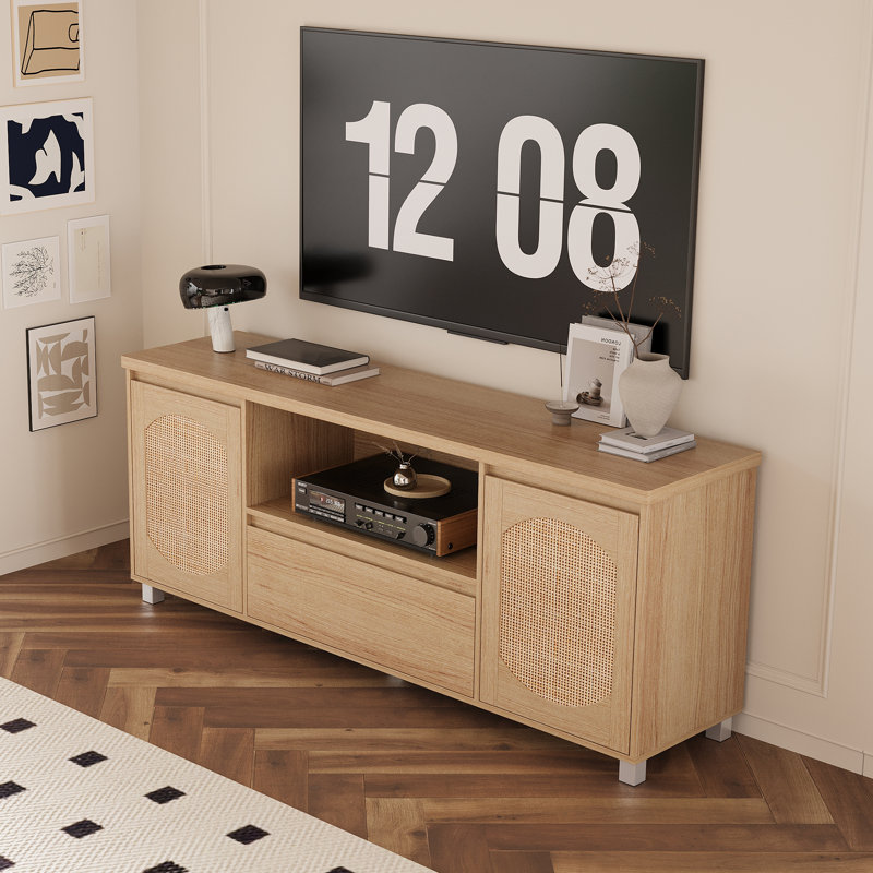 Oak 63-Inch TV Stand for Up to 70-Inch  - Rattan Media Cabinet with Storage Drawer and Open Shelves for Living Room or Bedroom