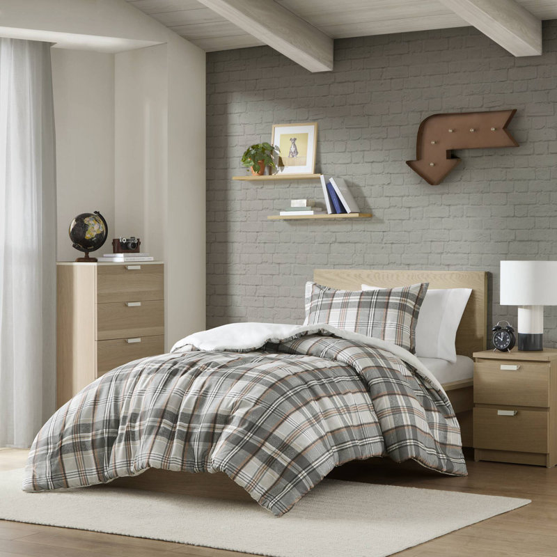 Tan and Gray Plaid Cotton Full/Queen Duvet Cover Set