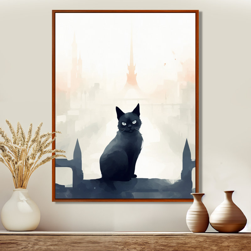 Chat urbain noir - salon d'art mural, Toile avec cadre brun, H 32 po x l 24 po x P 1 po