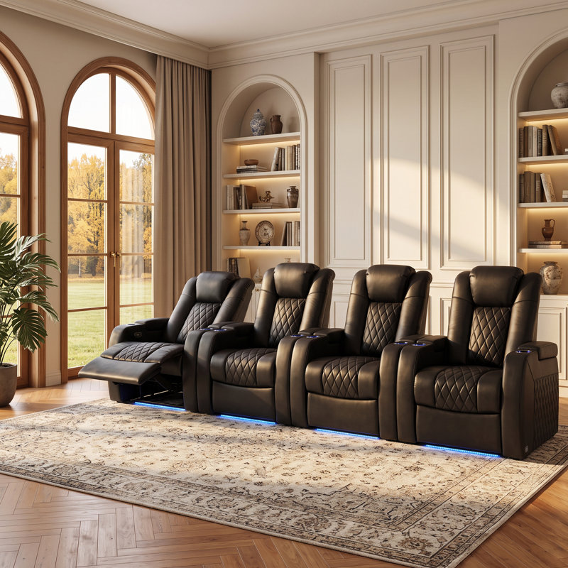 Siège de jeu pour fauteuil de cinéma inclinable électrique en cuir fleur avec plateau de chargement USB et porte-gobelets (ensemble de 4)