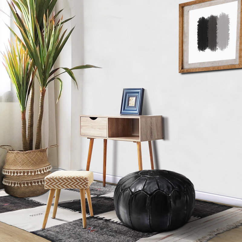 Leather Pouf, Black Genuine Leather
