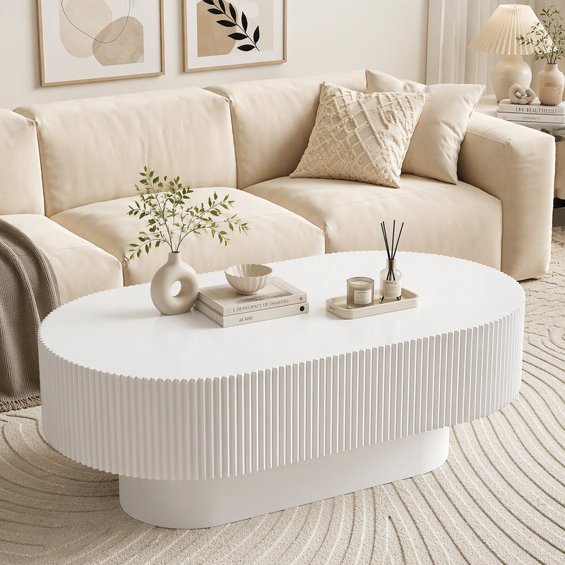 Table basse ovale de style campagnard l 48,4 po avec plateau de table épais de 10,7 po, table de bout cylindrique de style crème moderne, table centrale cannelée minimaliste avec base robuste pour le salon, assemblage facile, blanc