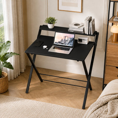 Small Folding Desk with Shelf,  2-Tier Compact Computer Table, Portable Study Workspace for Home Office