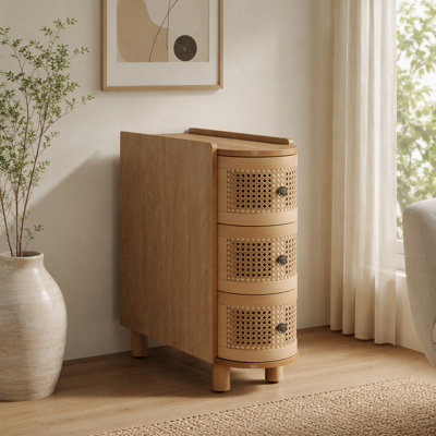 Table d'appoint en bois massif avec trois tiroirs en rotin, aucun assemblage requis pour un rangement facile et une décoration moderne