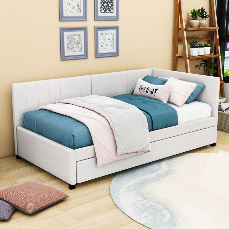 Linen Upholstered Daybed with Twin Trundle, Twin, Beige