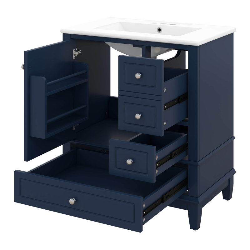 Meuble-lavabo de 30 po avec lavabo simple, armoire de salle de bain moderne avec une porte et une tablette à fermeture douce et trois tiroirs