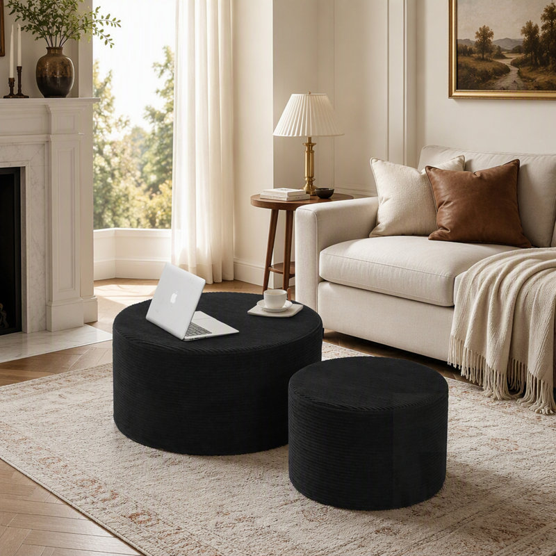 Ensemble de 2 tabourets cylindriques rembourrés avec repose-pieds rond, idéal pour les sièges flexibles et les décors modernes