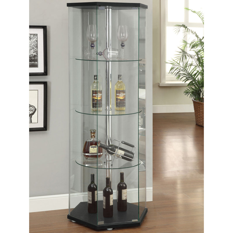 Zahavah 4-shelf Hexagonal Clear Glass Curio Cabinet, Black