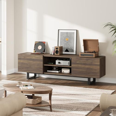 70" Industrial Modern TV Stand, Wood Media Console with 2 Drawers, Open Storage