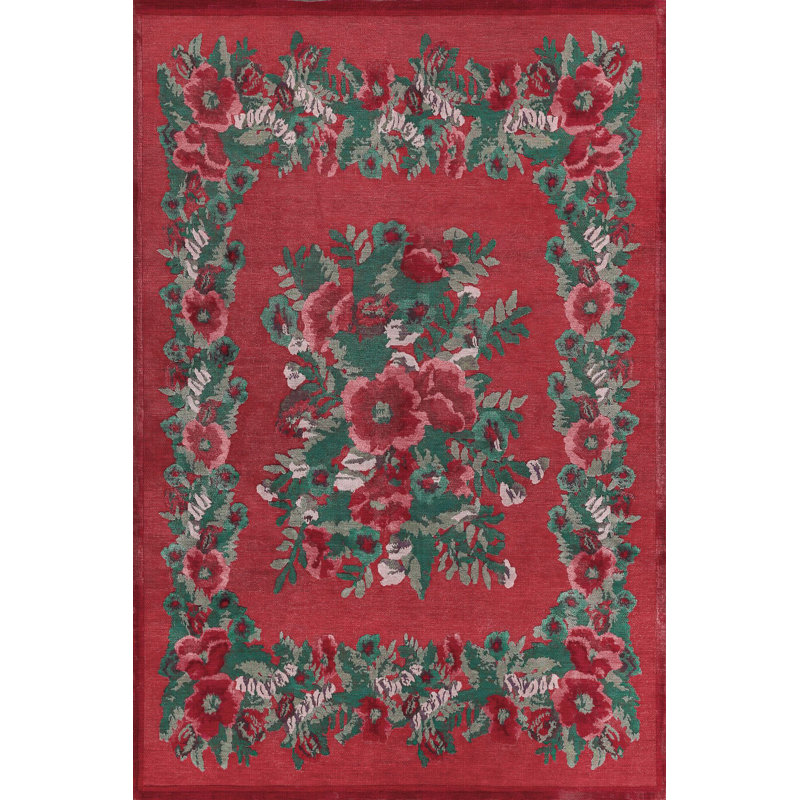 Tapis tissé à motif floral coquelicot Karabagh, Rectangle 4 pi 11,06 po x 9 pi 10,11 po
