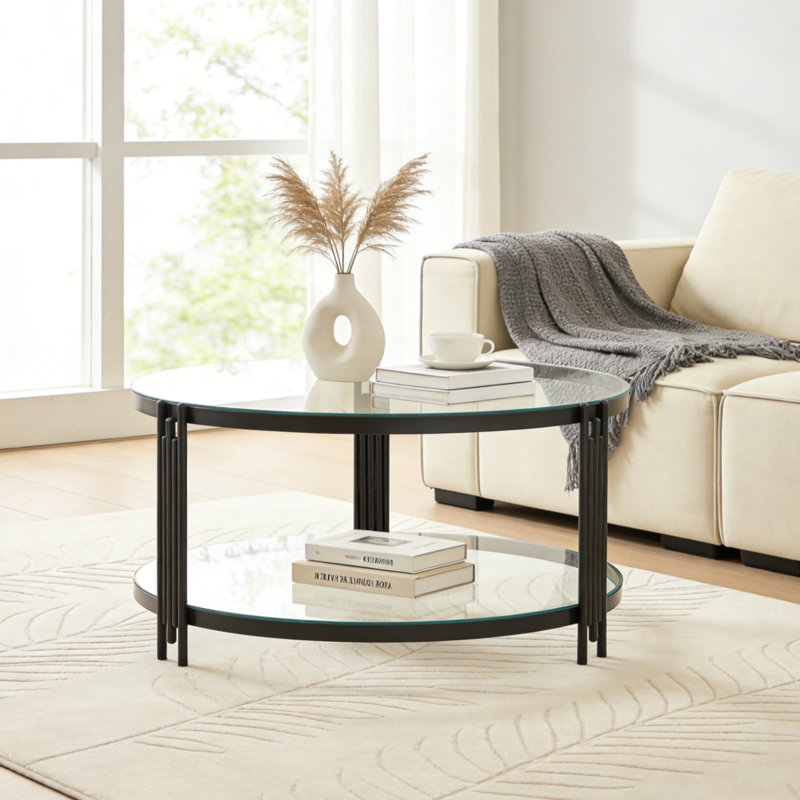 Modern Round Glass Coffee Table with 2-Tier Open Storage, Center Table for Mid-Sized Living Rooms, Black Metal Frame, 35.4"D