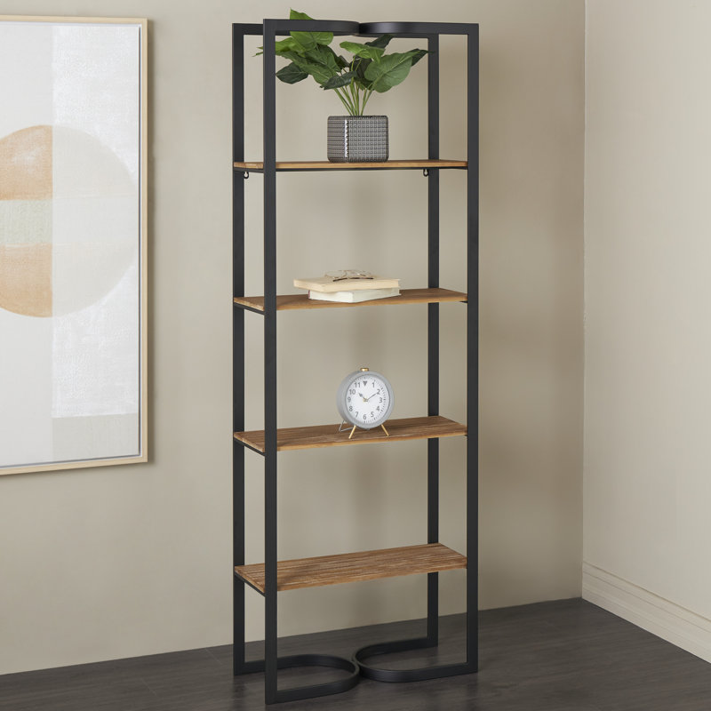 Étagère de rangement en métal noire à 4 niveaux avec tablettes en bois et conceptions arquées