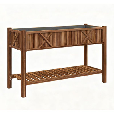 Dual-Tier Raised Garden Bed,Elevated Wood Planter Box,With Storage Shelf,Drainage Holes,And Liner