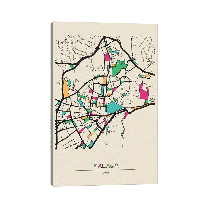 Malaga, Spain Map by Ayse Deniz Akerman - Wrapped Canvas Print, 66.04 cm H x 45.72 cm W x 1.91 cm D