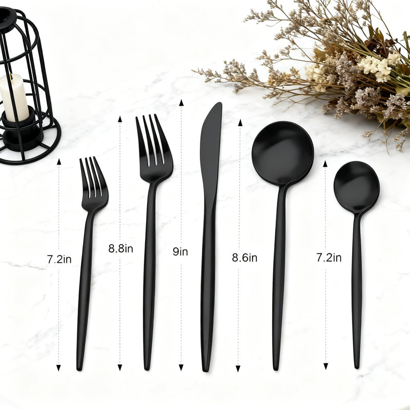 Ensemble de couverts moderne noir mat, 20 pièces de couverts en acier inoxydable avec finition satinée, argenterie allant au lave-vaisselle pour 4 couverts