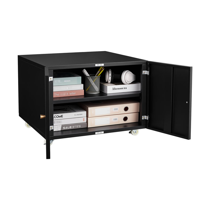 Armoire de bureau avec copieur - mobile noir en acier à 2 portes avec 4 roues universelles et support d'imprimante à structure lisse