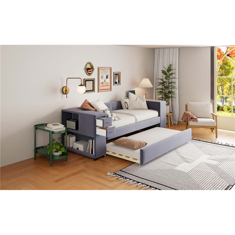 Lit simple tapissier avec rangement et lit gigogne simple, ports de chargement USB, velours français, Gris