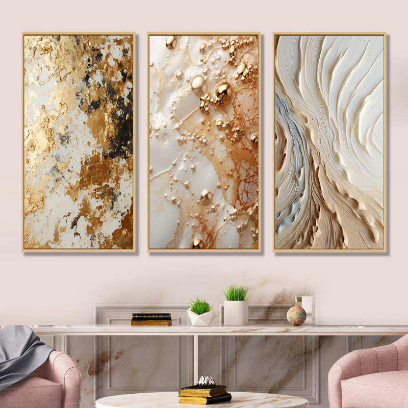 Blanc et or champagne Flow I - ensemble de 3 décorations murales champagne, H 28 po x l 36 po, Cadre flottant brun