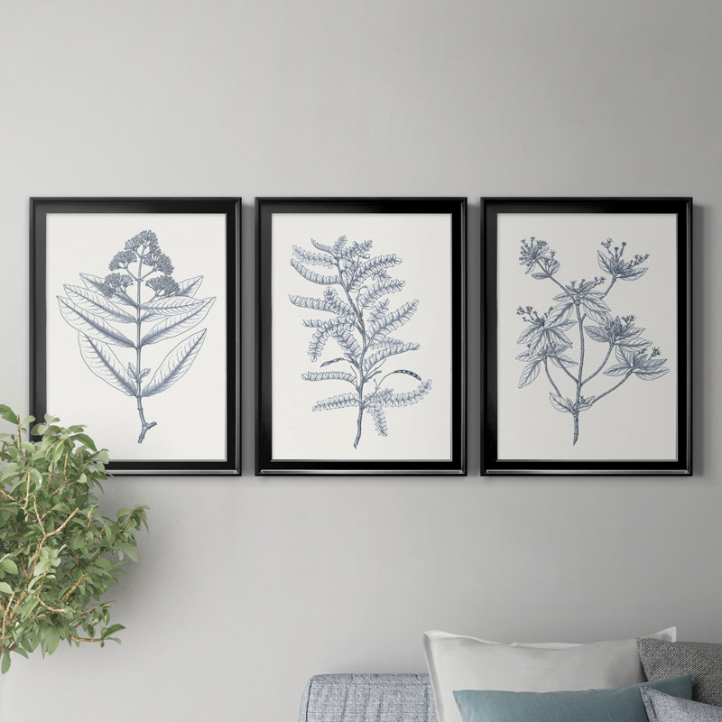 «Indigo Botany Study I», ensemble de 3 peintures sur toile encadrées, Toile avec cadre noir, H 18,5 po x l 73,5 po x P 1,5 po