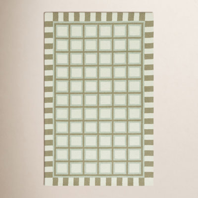 Green Ivory Hand-Tufted Wool Geometric Rug