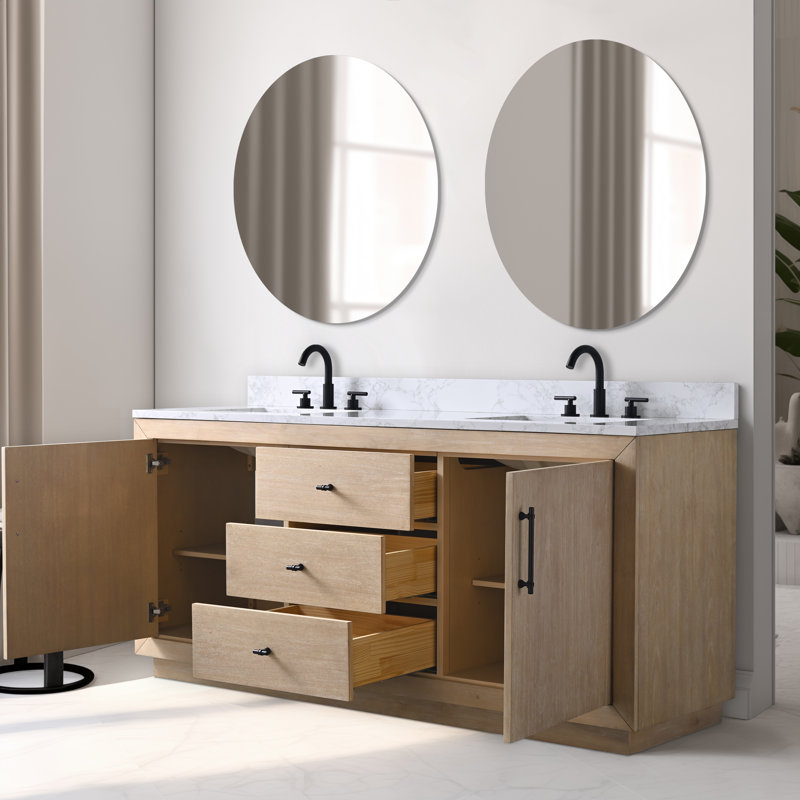 Meuble-lavabo double autoportant, Blanc Arabescato, Blé clair, 72"