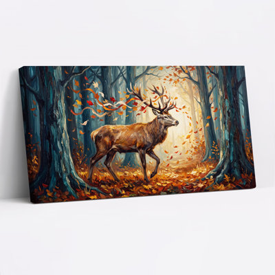 Cerf brun dans une forêt bleue aux feuilles mortes - Toile murale d'Halloween