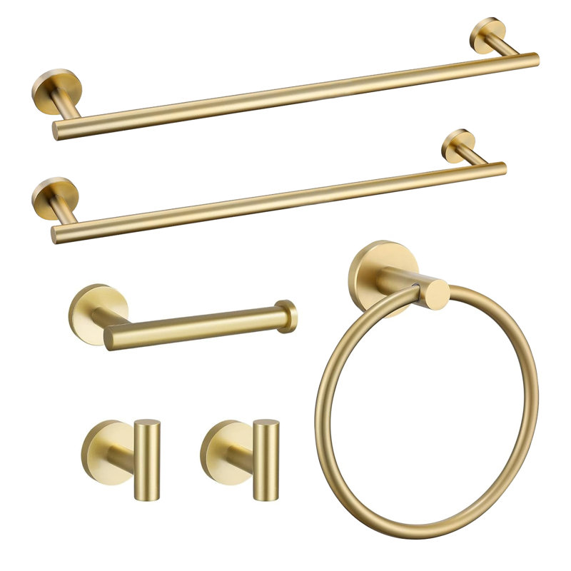 6-Piece Modern Bath Hardware Set With Towel Bar Towel Hook Toilet Paper Holder And Towel Ring Wall Mount , Brushed Gold