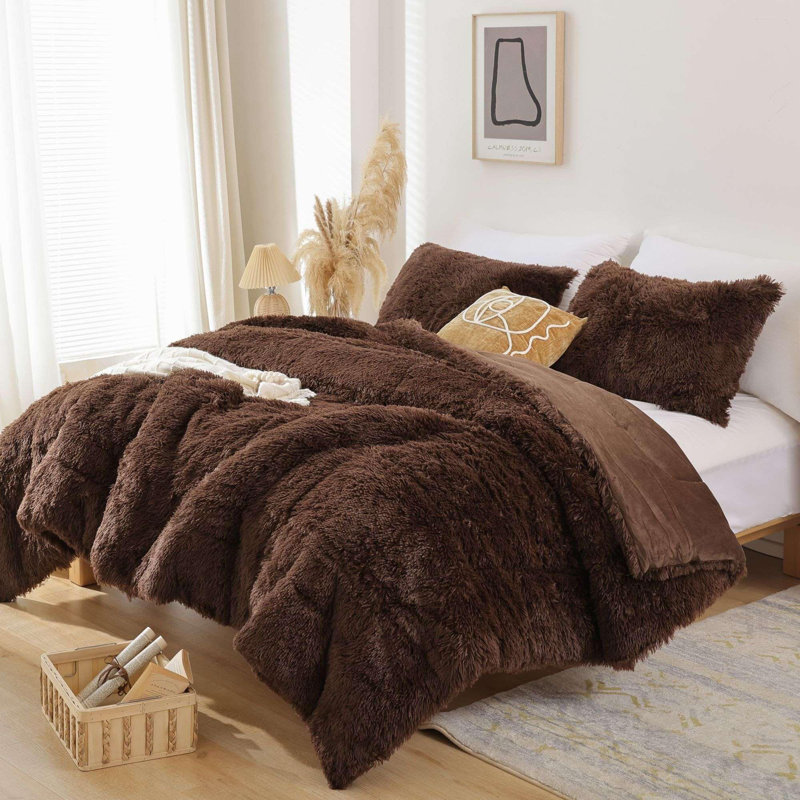 Fluffy Comforter Set 3 Pieces- All Seasons Luxury Fuzzy Comforter With Two Pillowcases, Coffee