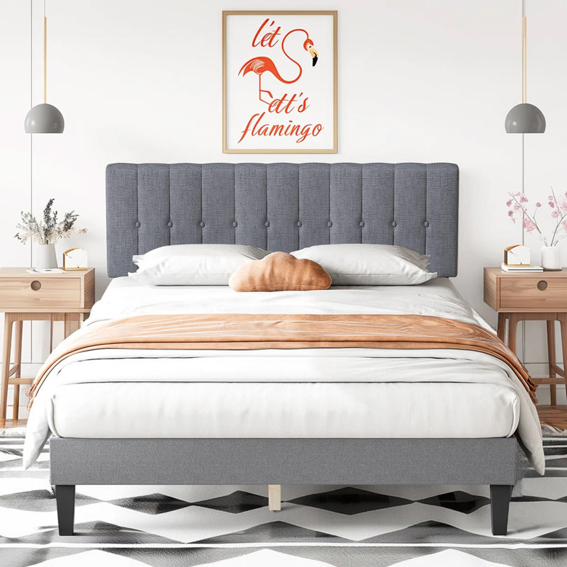 Platform Bed Frame with Upholstered Adjustable Headboard, No Box Spring Needed, Light Gray, King