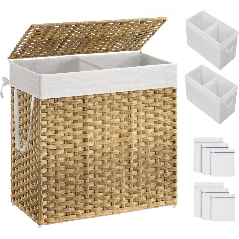 130L Clothes Hamper With Lid, 2 Removable Liner Bags, 6 Mesh Bags, Wicker, Double Laundry Basket For Bathroom, 13 X 26 X 23.6 Inches