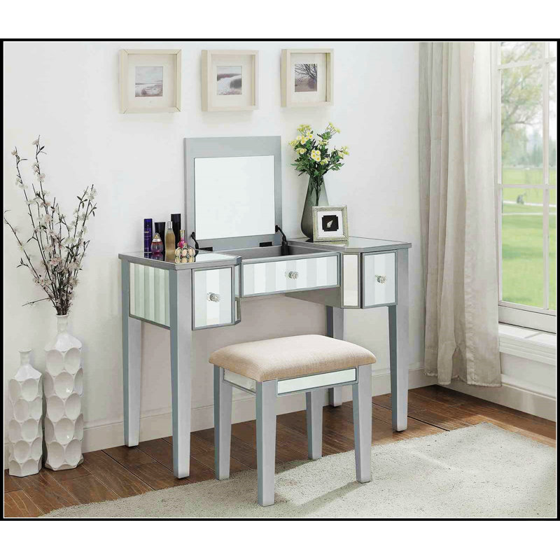 Ensemble de coiffeuse de style transitionnel avec tiroirs de rangement, miroir central et tabouret rembourré pour des meubles de chambre à coucher élégants