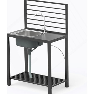 Îlot de cuisine extérieur avec rangement, évier de cuisine en aluminium en acier inoxydable avec robinet et égouttoir, tablettes de rangement autoportantes avec couvercle de protection intérieur extérieur