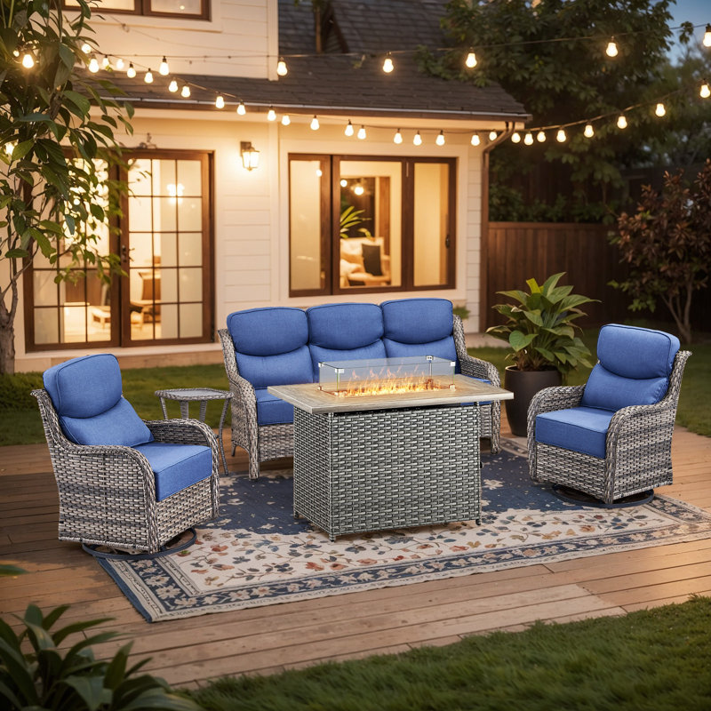 Polygala 5-Piece Outdoor Wicker Patio Conversation Set With Rectangle Fire Pit, Swivel Gliders And 3-Seat Sofa With 6" Thick Cushions