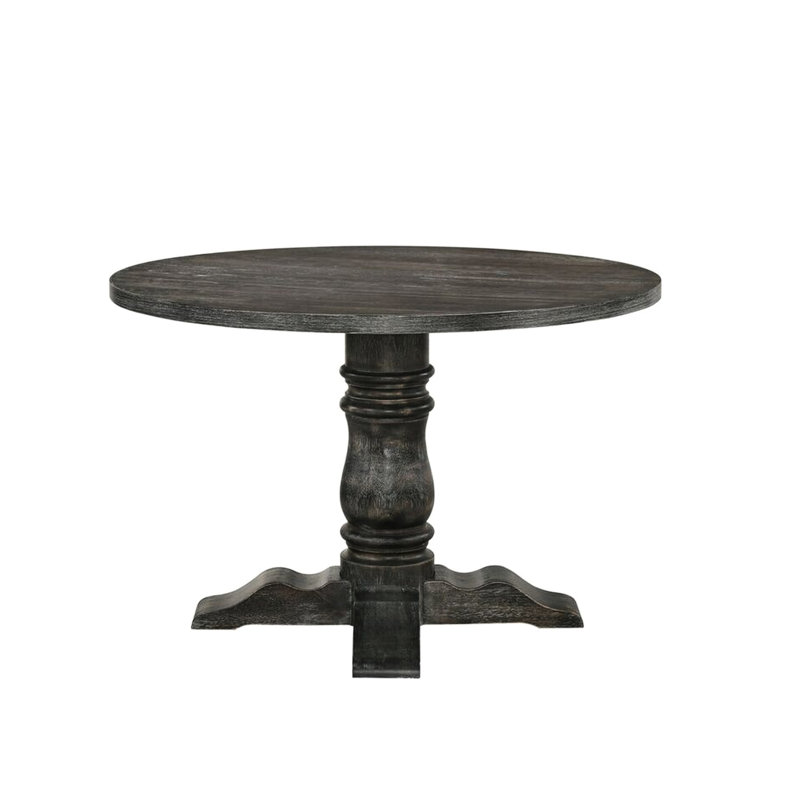 Table ronde à finition grise patinée pour la salle à manger, conception à piédestal simple, placage de chêne noueux et plateau fixe, base de colonne empire de 14 po, 47 po x 47 po x 36 po, table de rangement rustique élégante de 99 lb,