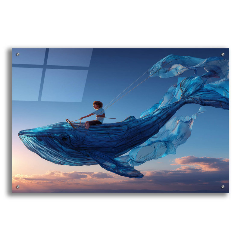  «Riding A Flying Whale» par Ann Klee, art mural en verre acrylique, 36 po x 24 po, H 24 po x l 36 po