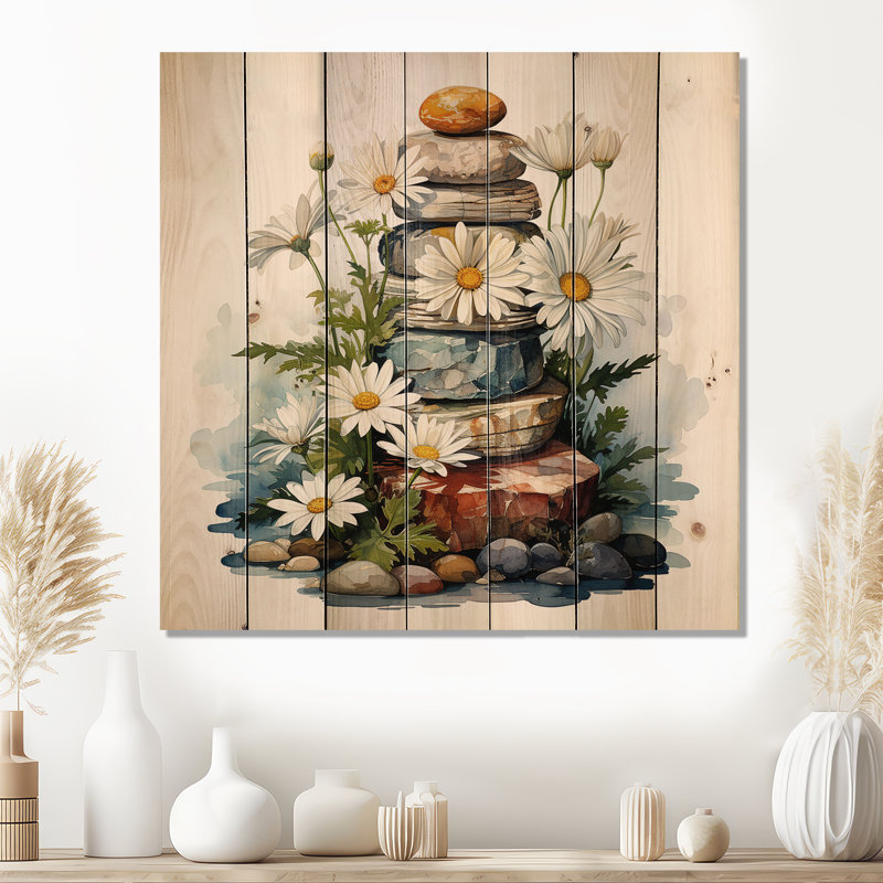Fleur de marguerite sur pierre calme I - marguerite sur bois, H 36 po x l 36 po