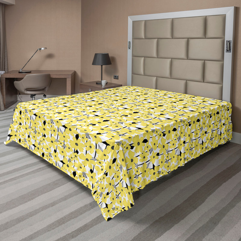 Drap plat moderne de style bohème Ambesonne, Jaune / motif floral gris anthracite, Full Flat Sheet