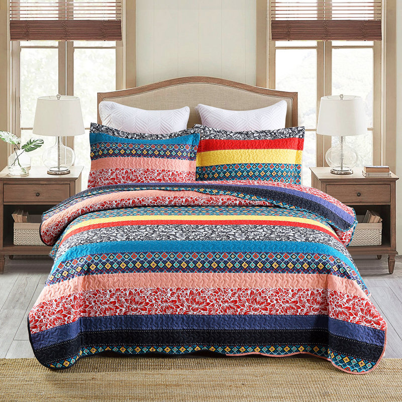 Ensemble de couvre-lit matelassé à rayures multicolores 3 pièces en polyester doux BY221