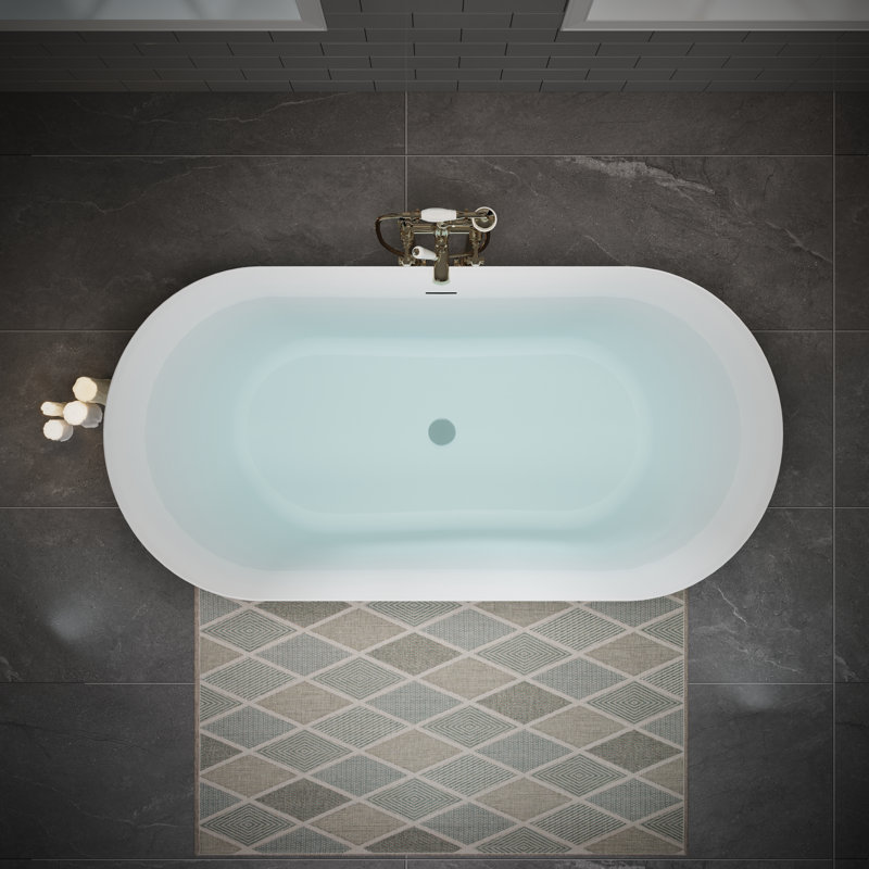 55" x 28.74" Acrylic Freestanding Bathtub, Oval Deep Soaking Bathtub Glossy White with Chrome Pop-up Drain & Integrated Overflow for Bathroom Spa