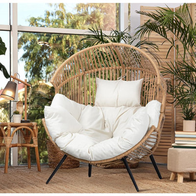 Fauteuil en osier pour l'extérieur, chaise de patio surdimensionnée, chaise longue surdimensionnée avec coussin pour le salon intérieur, la chambre à coucher et le balcon de la cour extérieure