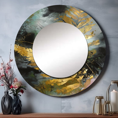Pareshka Gold Fern Whispers - grand miroir mural fougères, miroir rond moderne unique, impression d'art en métal