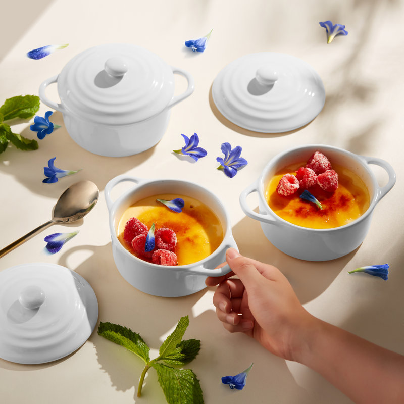 Kook Oval Ceramic 4 Piece Crème Brulee Dish Bakeware Set, White