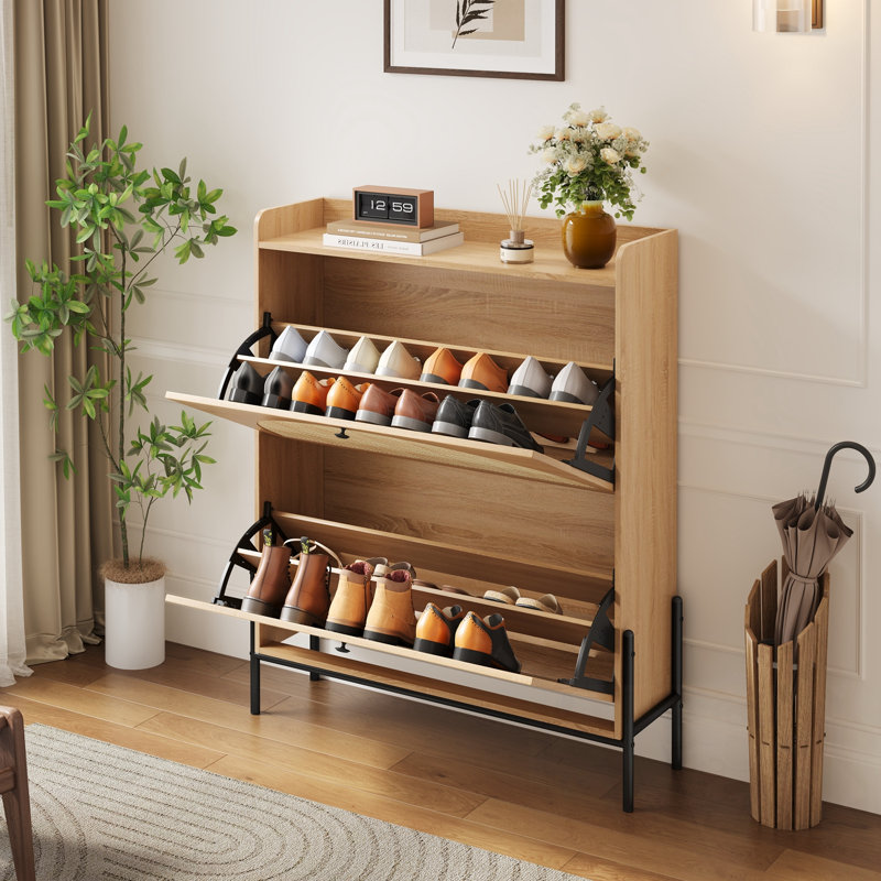 Shoe cabinet with 2 Flip Drawers and metal legs, Natural