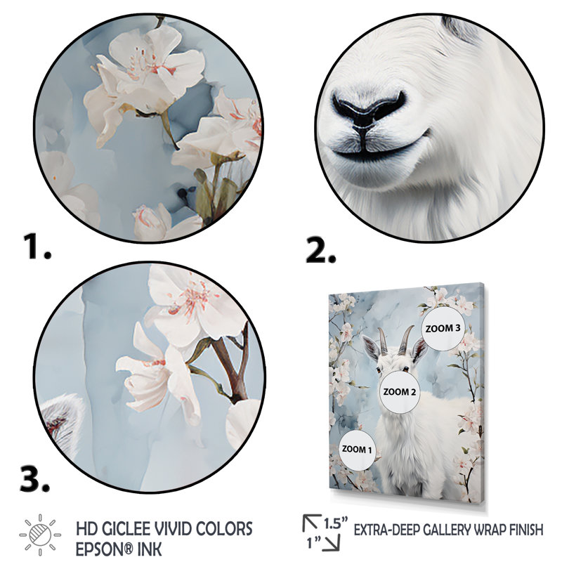 Chèvre blanche en hiver, tranquillité - art mural animal de chèvre, Cadre flottant doré, 44" H x 34" W
